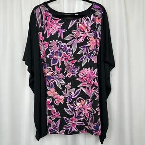 Bob Mackie Wearable Art Womens 3X Floral Blouse Short Sleeve Flowy Poncho Top